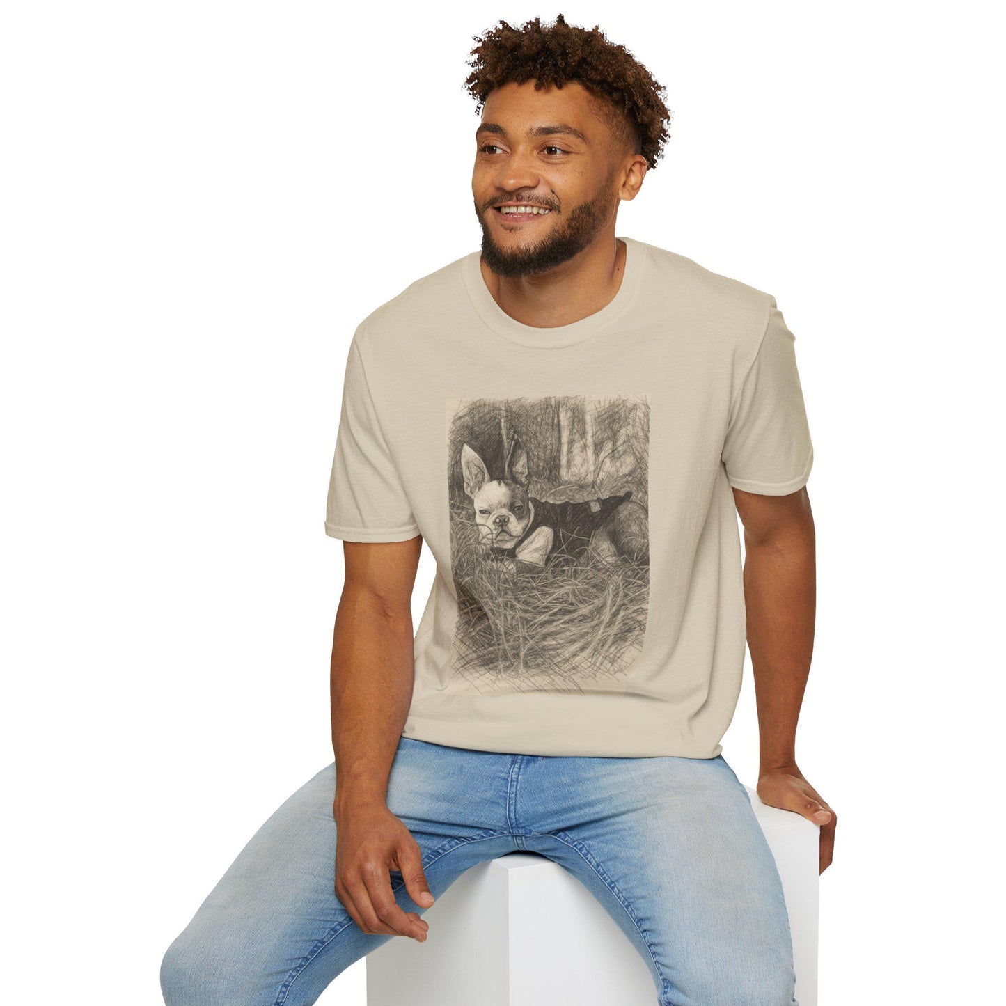 Boston Terrier 'Hay There' Softstyle T-Shirt, Cute Dog Lover Gift, Adorable Pet Sketch Tee, Animal Print Top, Dog Mom Dad Clothing