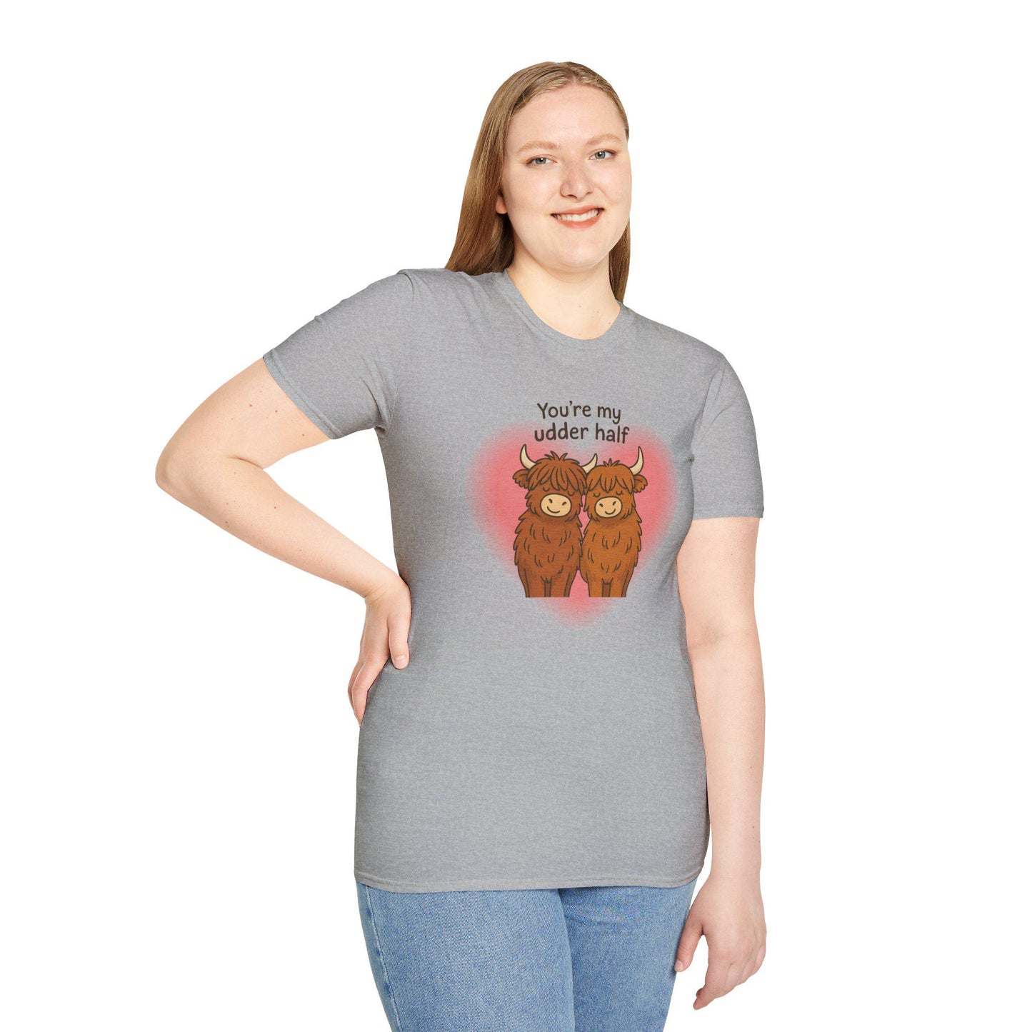 Highland Cow Unisex Softstyle T-Shirt, Couple Love Shirt, Cute Cow My Udder Half, Funny Graphic Tee