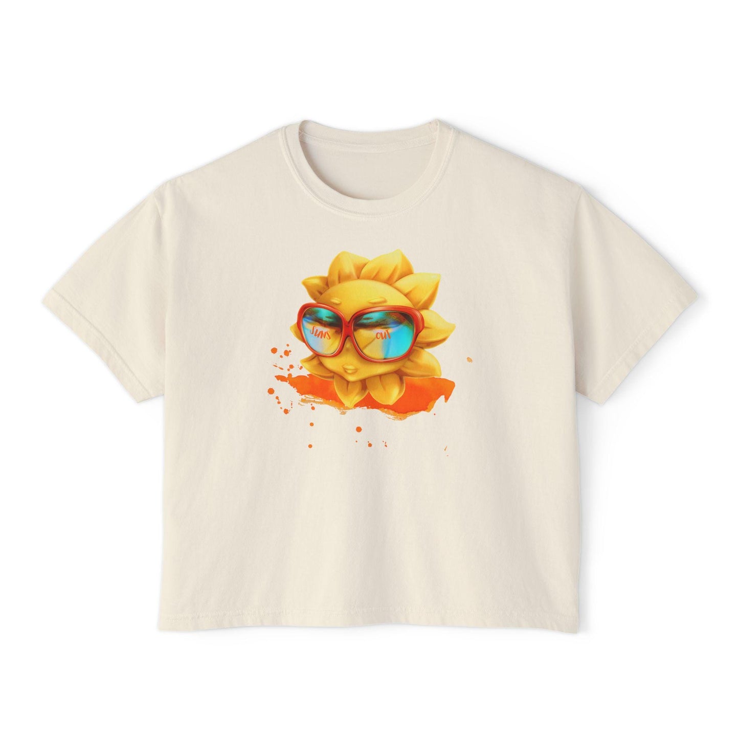 Summer Sun Smiles Women's Boxy Tee, Fun Stylish Orange Abstract Design, Suns Out Graphic Shirt, Trendy Short Sleeve Top, Cute Summer Tee