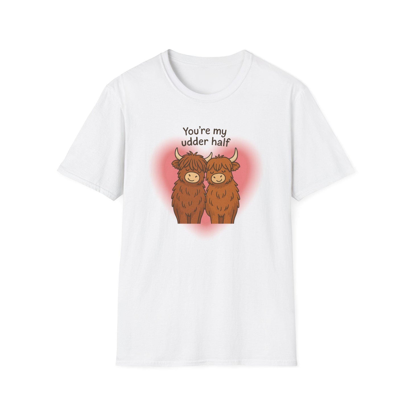 Highland Cow Unisex Softstyle T-Shirt, Couple Love Shirt, Cute Cow My Udder Half, Funny Graphic Tee