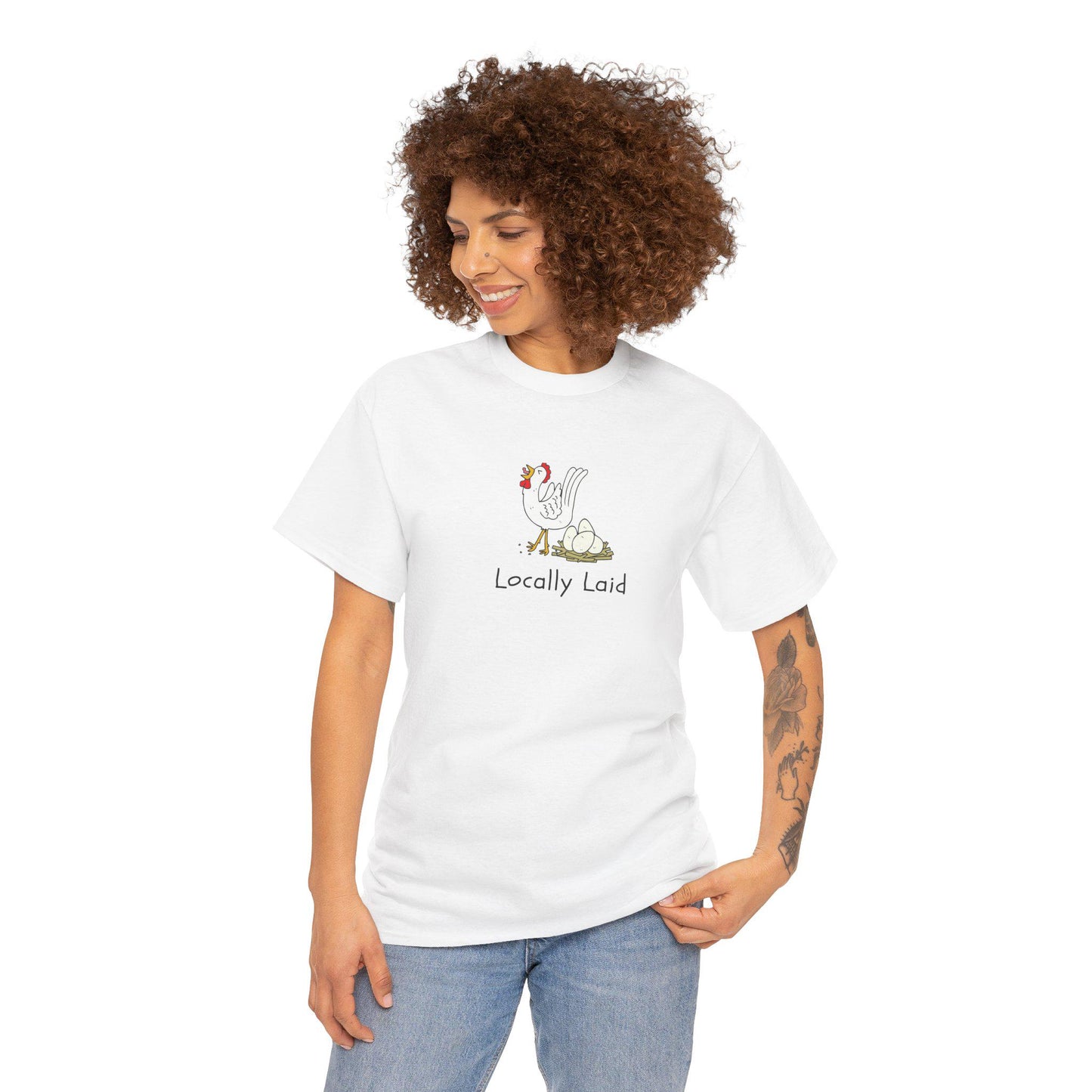 Locally laid, pun on fresh eggs, eggs laid locally, vegan, farm humor, for him, for her, Unisex Heavy Cotton Tee