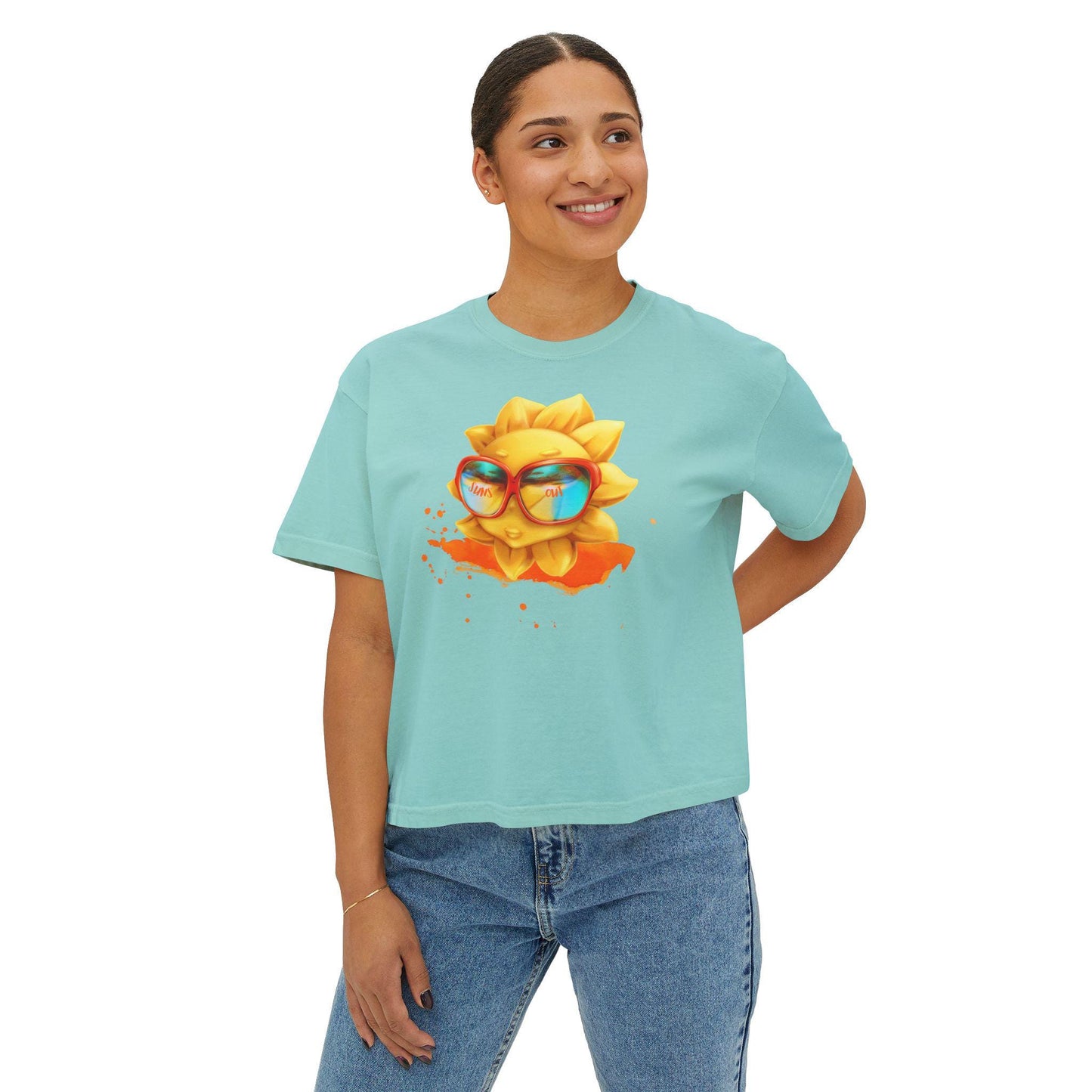 Summer Sun Smiles Women's Boxy Tee, Fun Stylish Orange Abstract Design, Suns Out Graphic Shirt, Trendy Short Sleeve Top, Cute Summer Tee