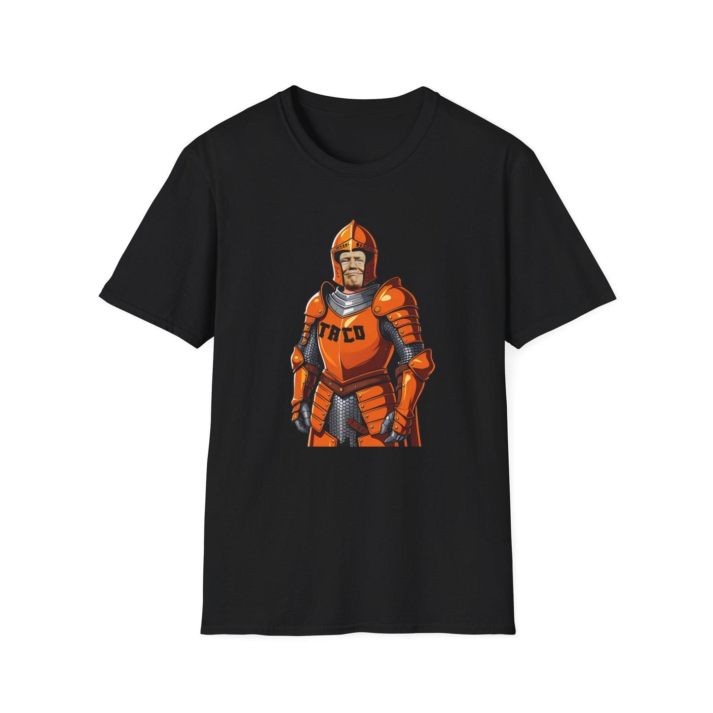 TACO Knight Unisex Softstyle T-Shirt, Funny Trump Activist Protest Tee, Orange Armor Shirt, Anti-Trump Apparel, Political Humor Top