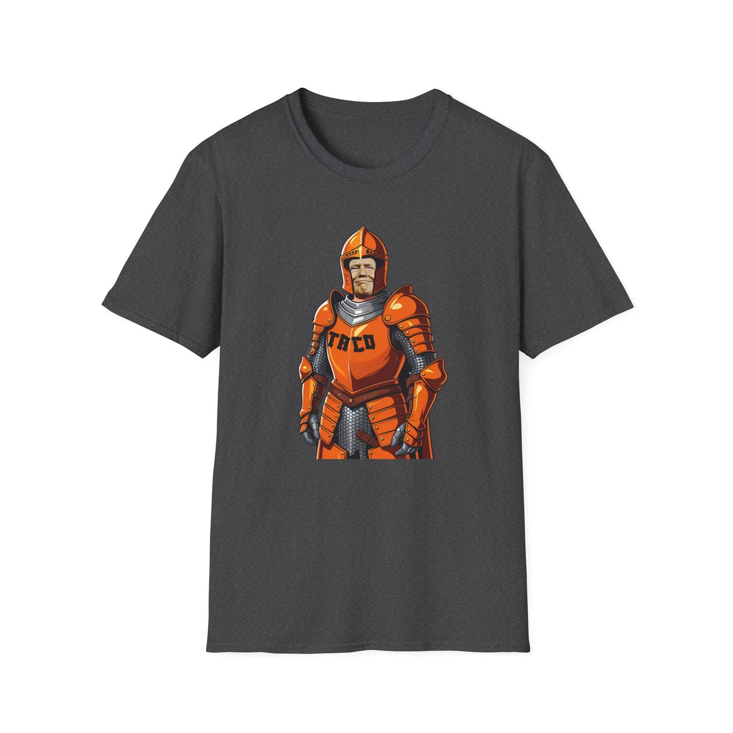 TACO Knight Unisex Softstyle T-Shirt, Funny Trump Activist Protest Tee, Orange Armor Shirt, Anti-Trump Apparel, Political Humor Top