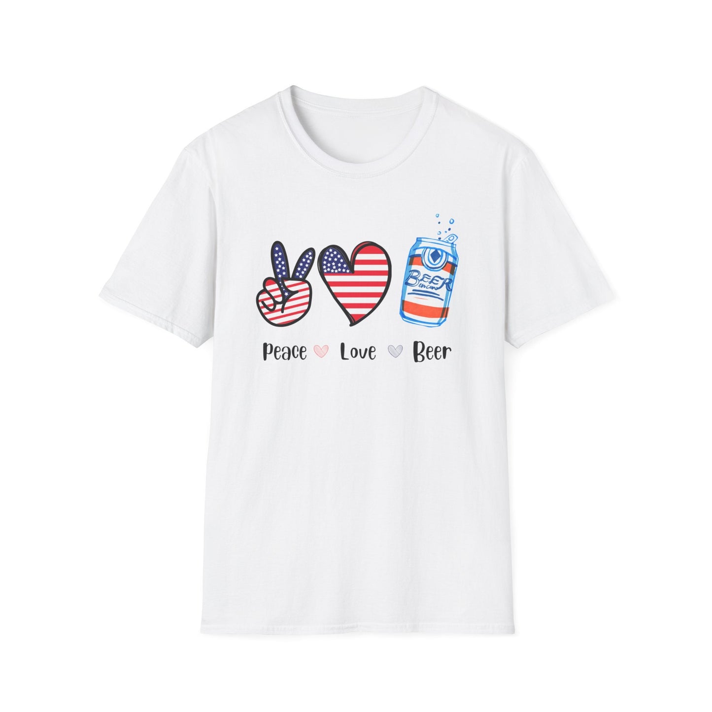 Peace, Love and Beer, Memorial day tee, 4th of July tee, Beer lover tee, beer lover gift, Summer party tee, Unisex Softstyle T-Shirt
