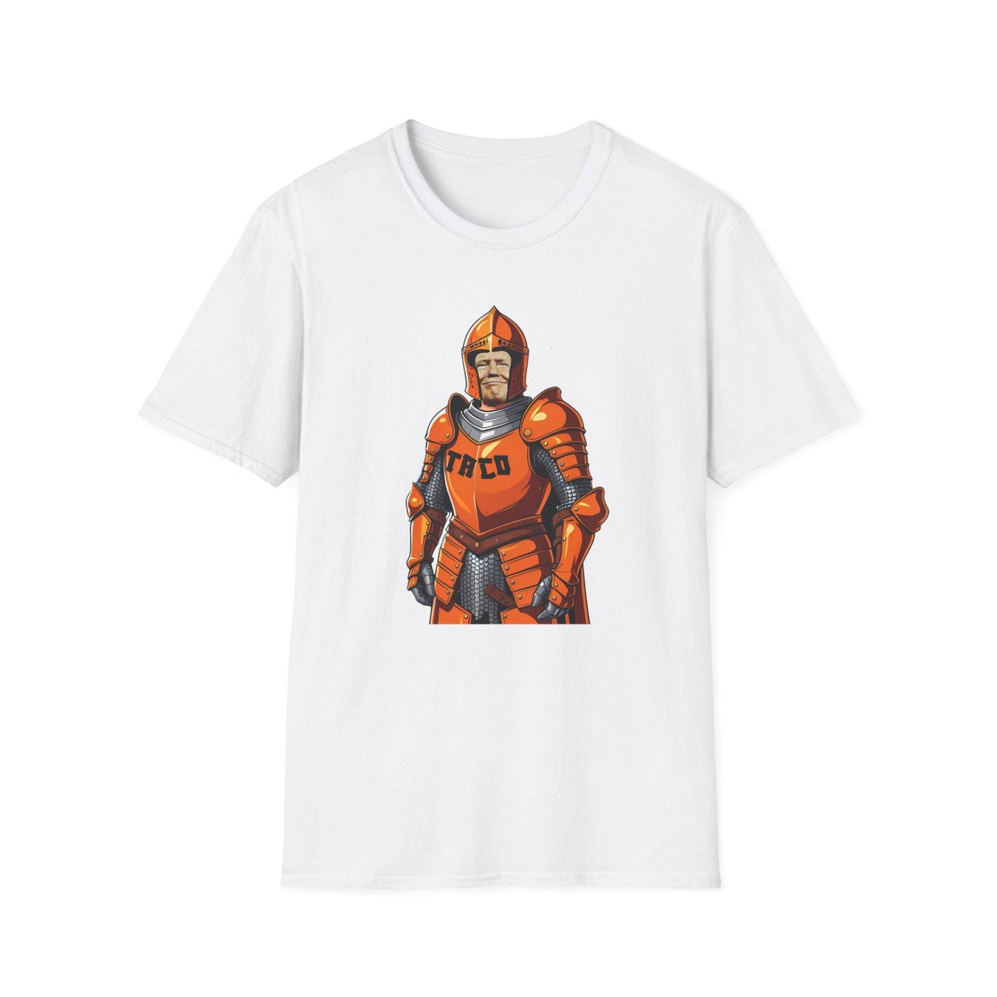 TACO Knight Unisex Softstyle T-Shirt, Funny Trump Activist Protest Tee, Orange Armor Shirt, Anti-Trump Apparel, Political Humor Top