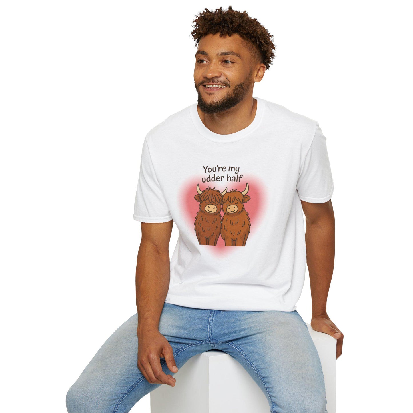 Highland Cow Unisex Softstyle T-Shirt, Couple Love Shirt, Cute Cow My Udder Half, Funny Graphic Tee